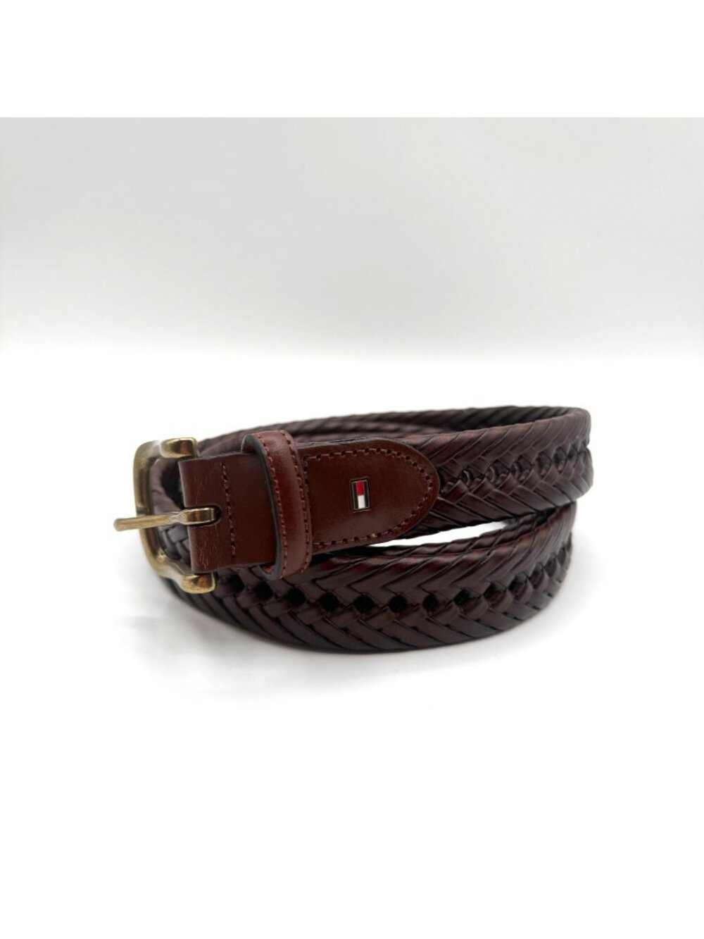 Tommy Hilfiger Dark Brown Preppy Braided Synthetic Leather Belt Size 44